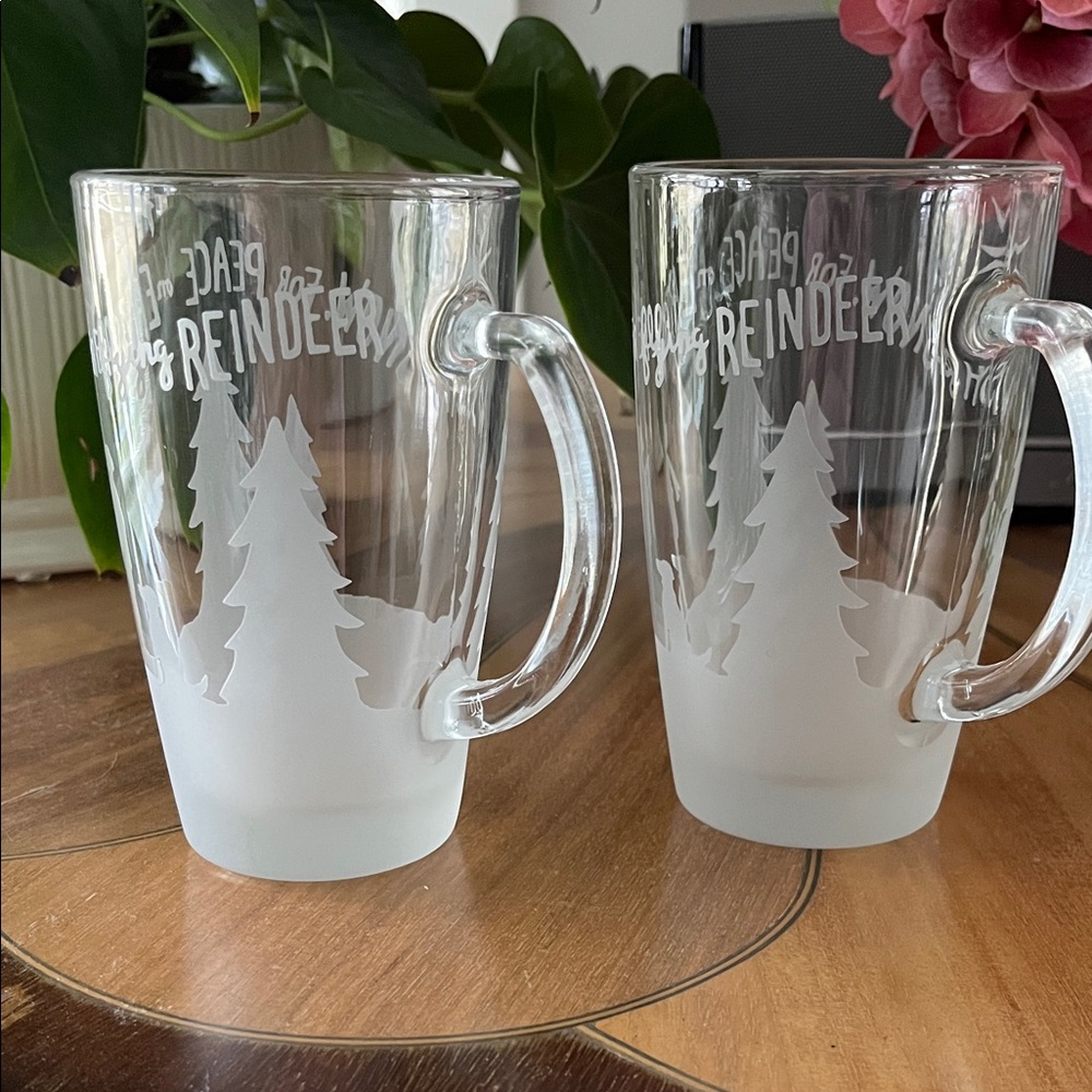 Vintage Starbucks Frosted Glass Mugs with Reindeer and Tree Design